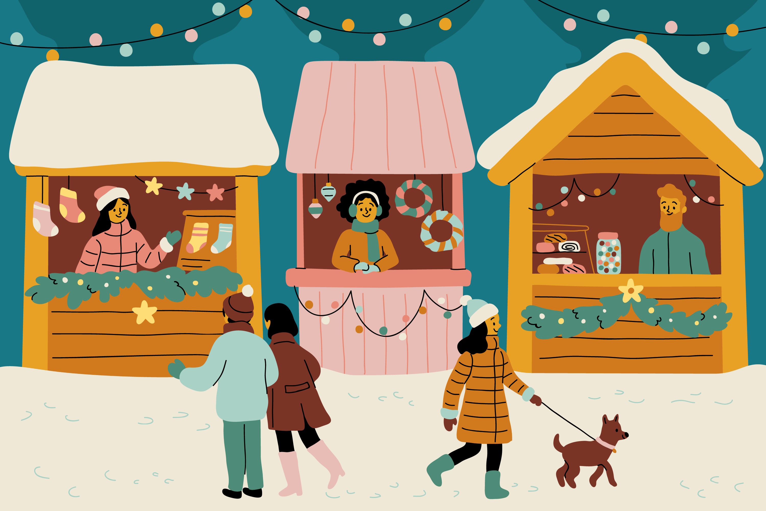 Christmas stalls at a Chrismas market, where vendors offer decorations and gifts. A man and a woman walk togheter, while a girls walks her dog.