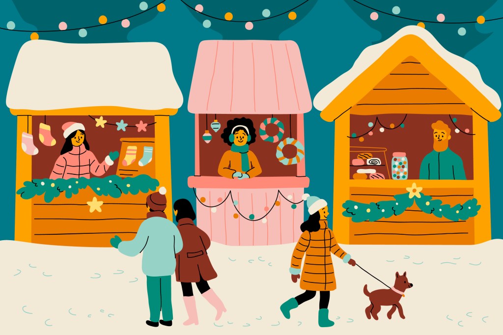 Christmas stalls at a Chrismas market, where vendors offer decorations and gifts. A man and a woman walk togheter, while a girls walks her dog.